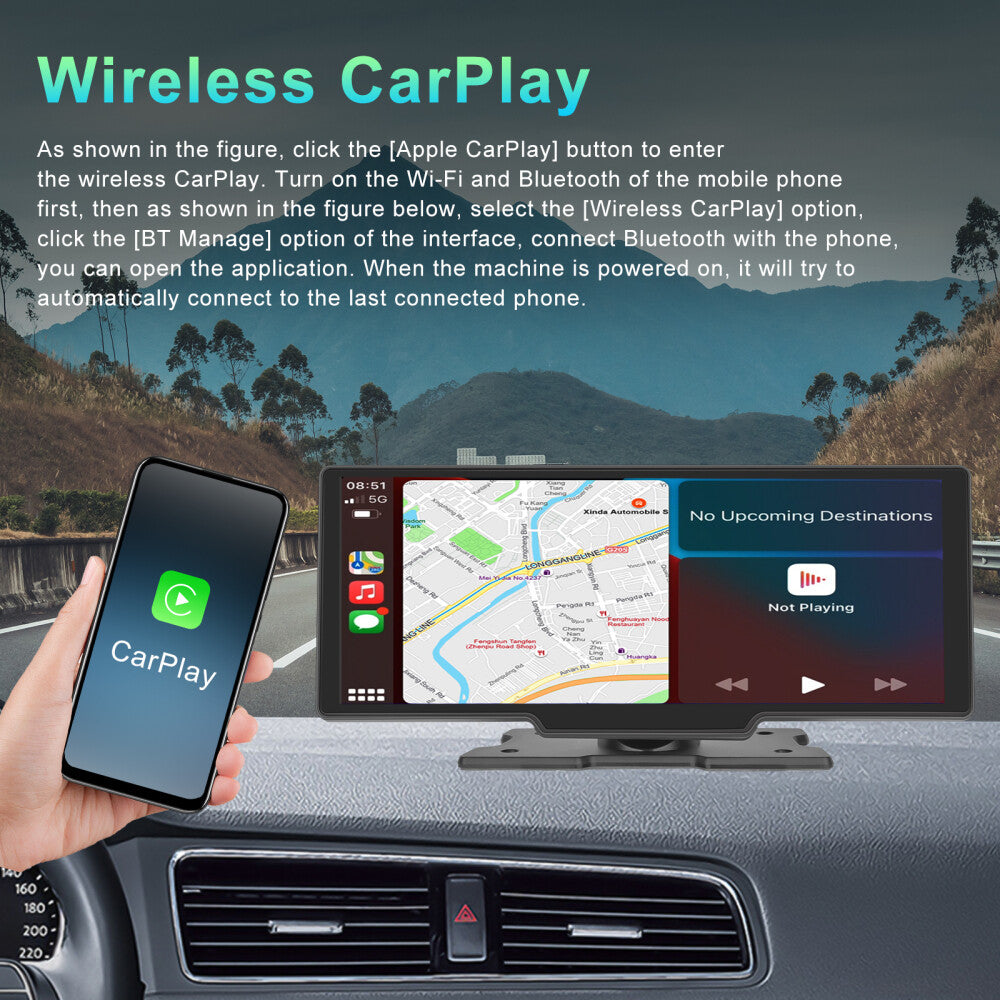 10.26" 2K Car Wireless Apple Carplay Android Auto FM Touch Screen Portable Radio
